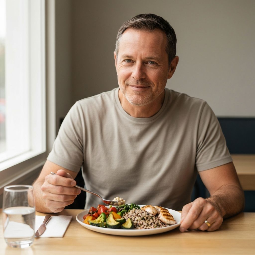 Person enjoying a balanced, wholesome meal mindfully
